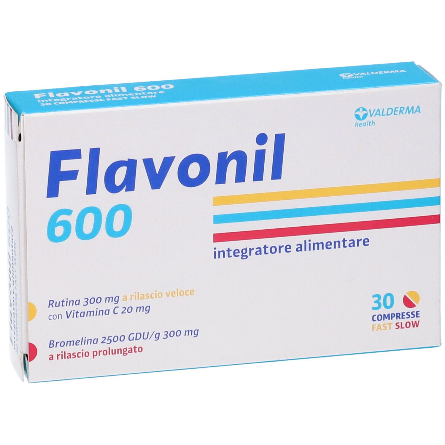 Scatola di Flavonil 600, 30 compresse. Strisce blu, gialle e rosse. Testo: Integratore alimentare.