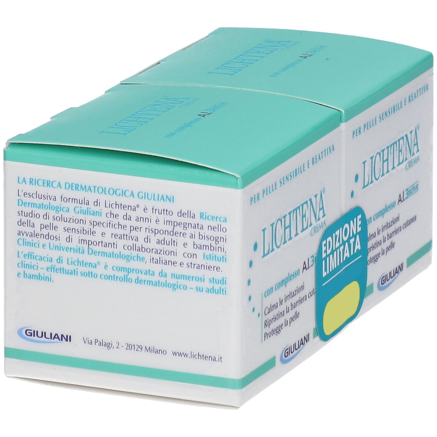 Scatola di Lichtena® Crema. Confezione turchese e bianca con nome e testo del prodotto. Retro con testo e logo Giuliani.