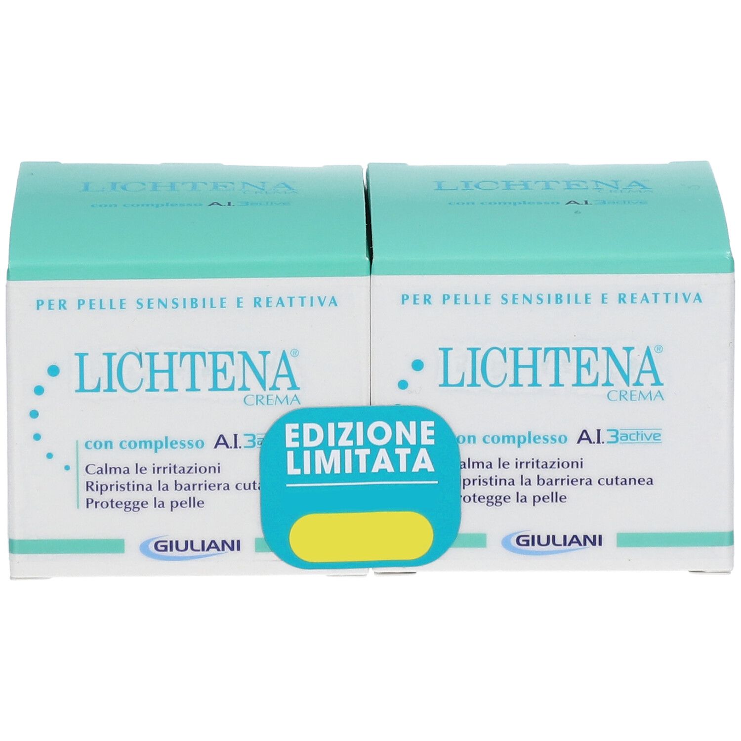 Due confezioni di Lichtena® Crema in una scatola. Confezione turchese e bianca con nome e testo del prodotto. "Edizione Limitata".