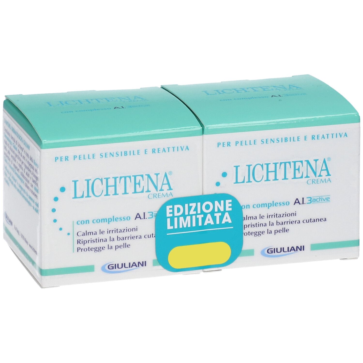 Due confezioni di Lichtena® Crema in una scatola. Confezione turchese e bianca con nome e testo del prodotto. "Edizione Limitata".