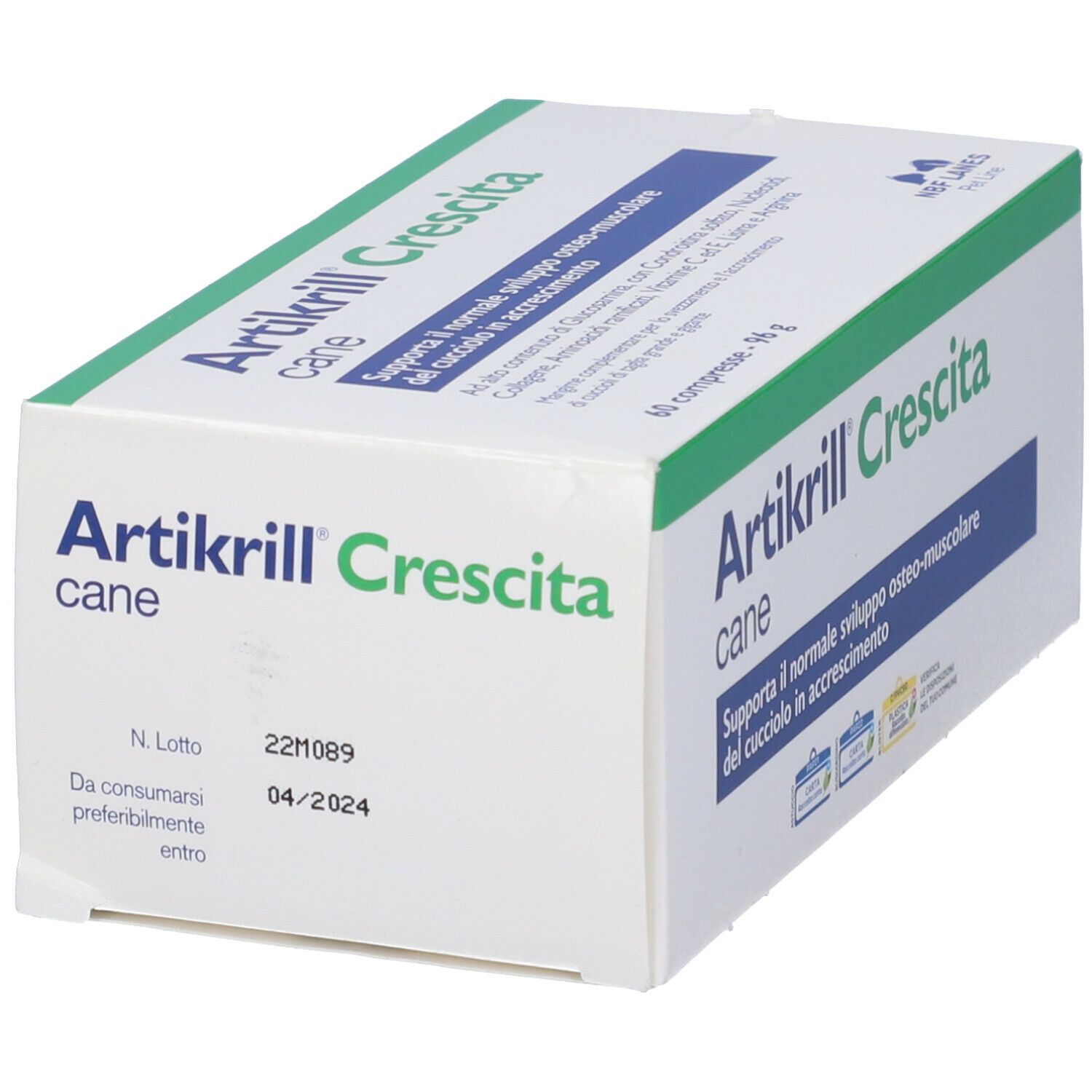 Schräg gestellte weiße Schachtel mit grünen und blauen Akzenten. Aufschrift: Artikrill Crescita cane. Enthält 60 Tabletten.