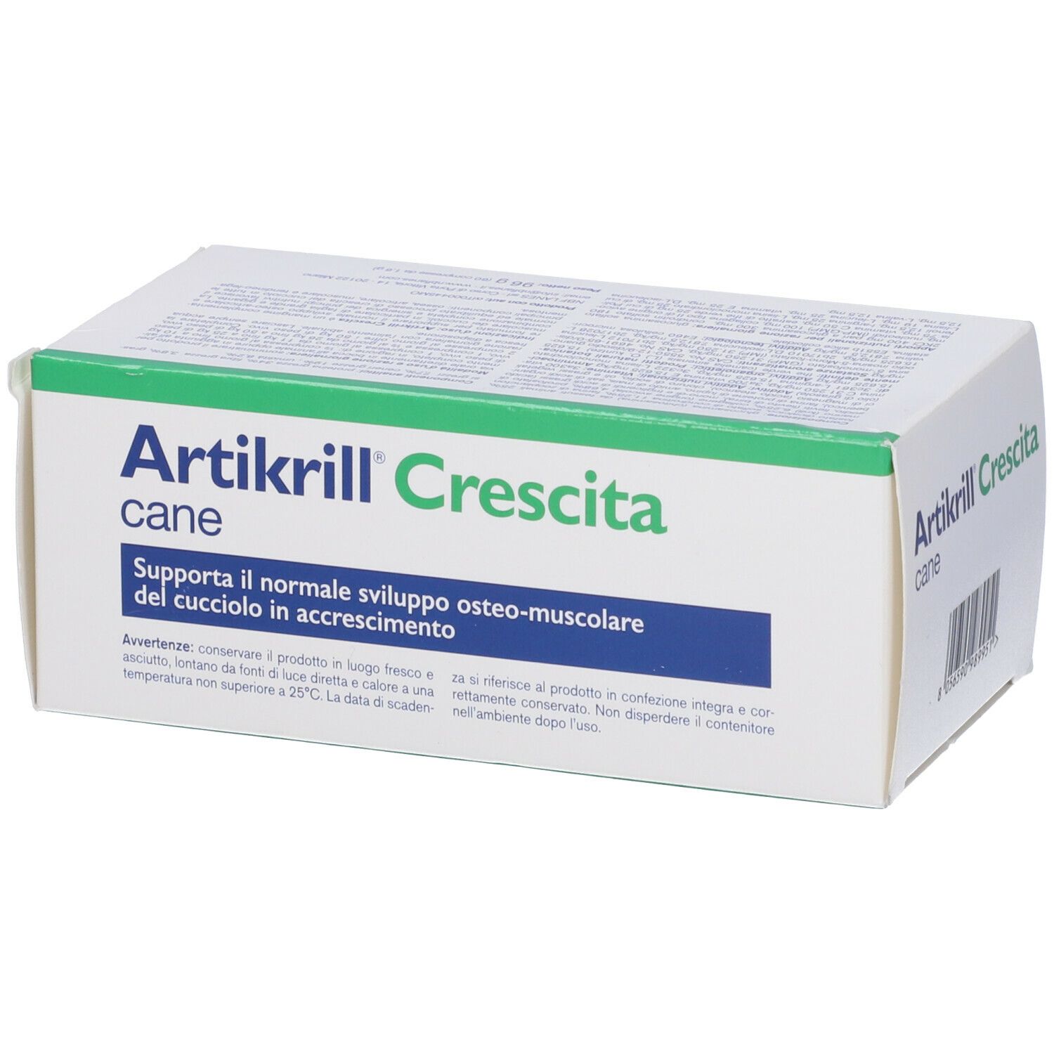 Weiße Schachtel mit grünen Akzenten. Aufschrift: Artikrill Crescita cane. Enthält 60 Tabletten. Text über Lagerung.