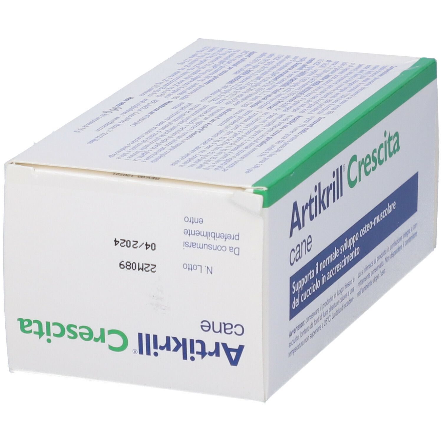 Schräg gestellte weiße Schachtel mit grünen Akzenten. Aufschrift: Artikrill Crescita cane. Verfallsdatum 04/2024.