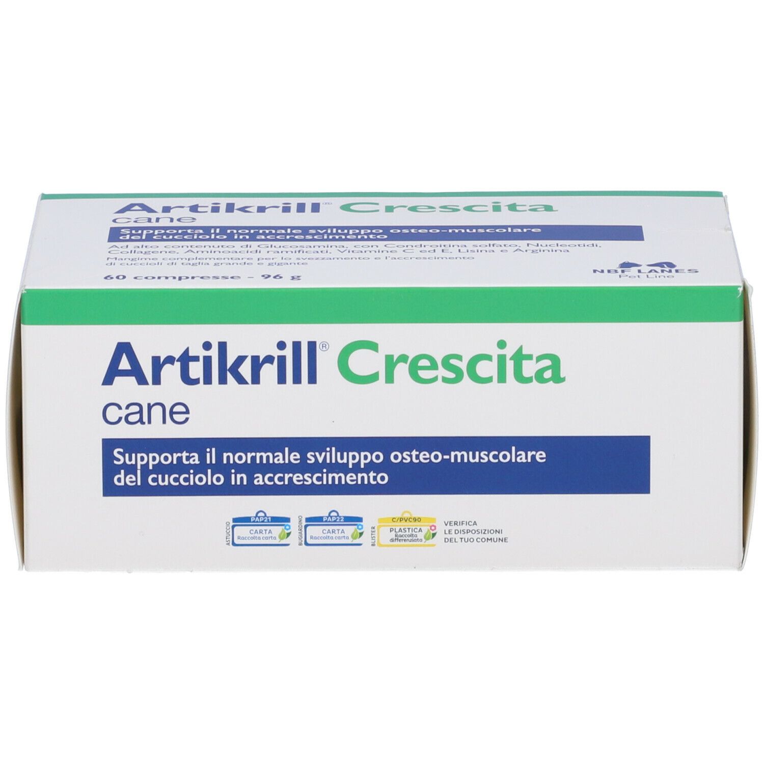 Weiße Schachtel mit grünen und blauen Akzenten. Aufschrift: Artikrill Crescita cane. Enthält 60 Tabletten.