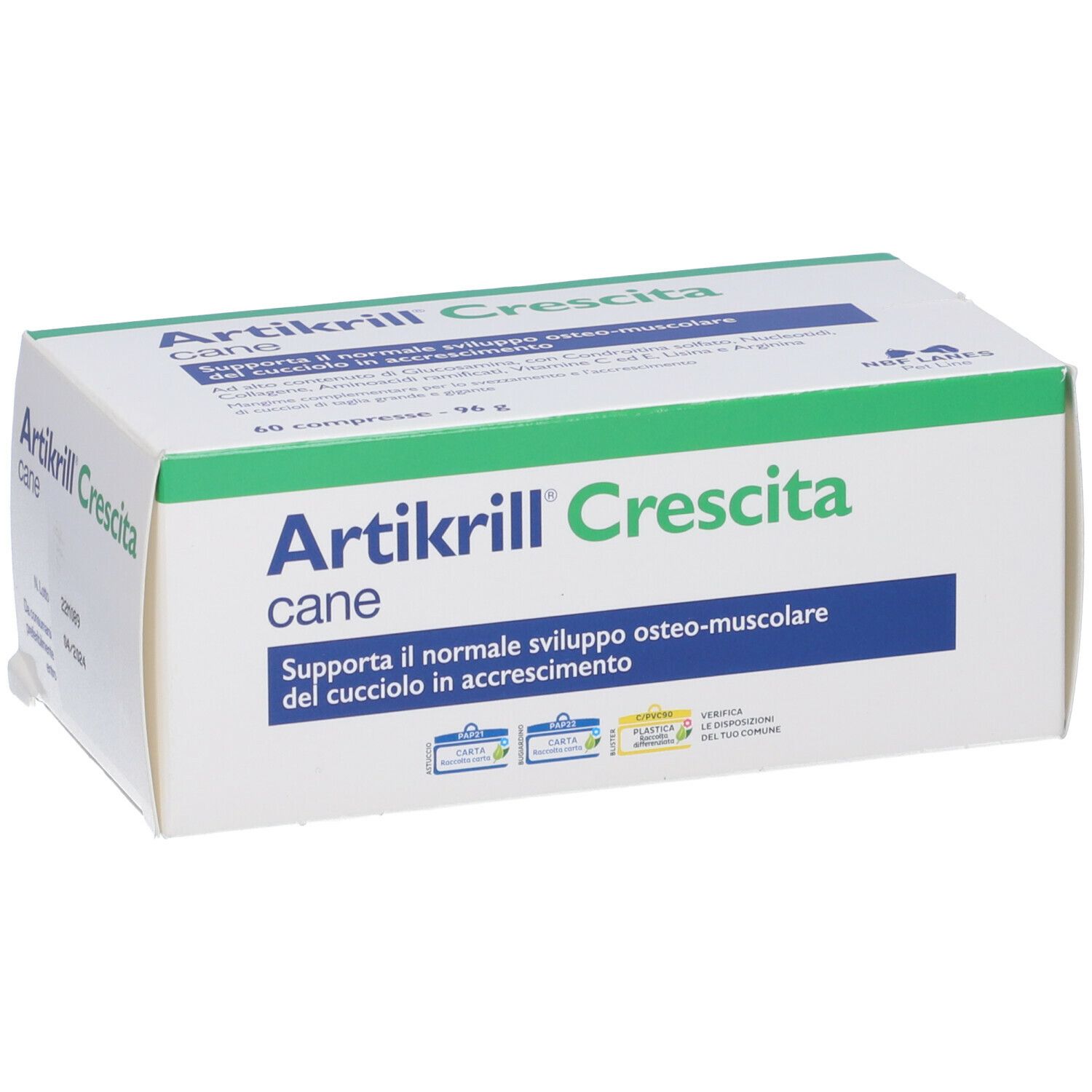 Weiße Schachtel mit grünen und blauen Akzenten. Aufschrift: Artikrill Crescita cane. Enthält 60 Tabletten.
