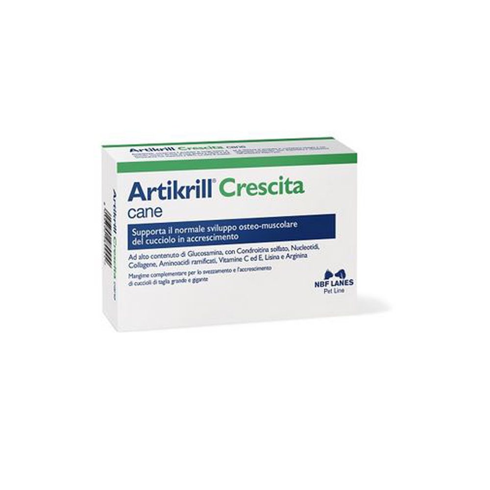 Scatola bianca con accento verde. Scritto: Artikrill Crescita cane. Contiene integratori per cani.