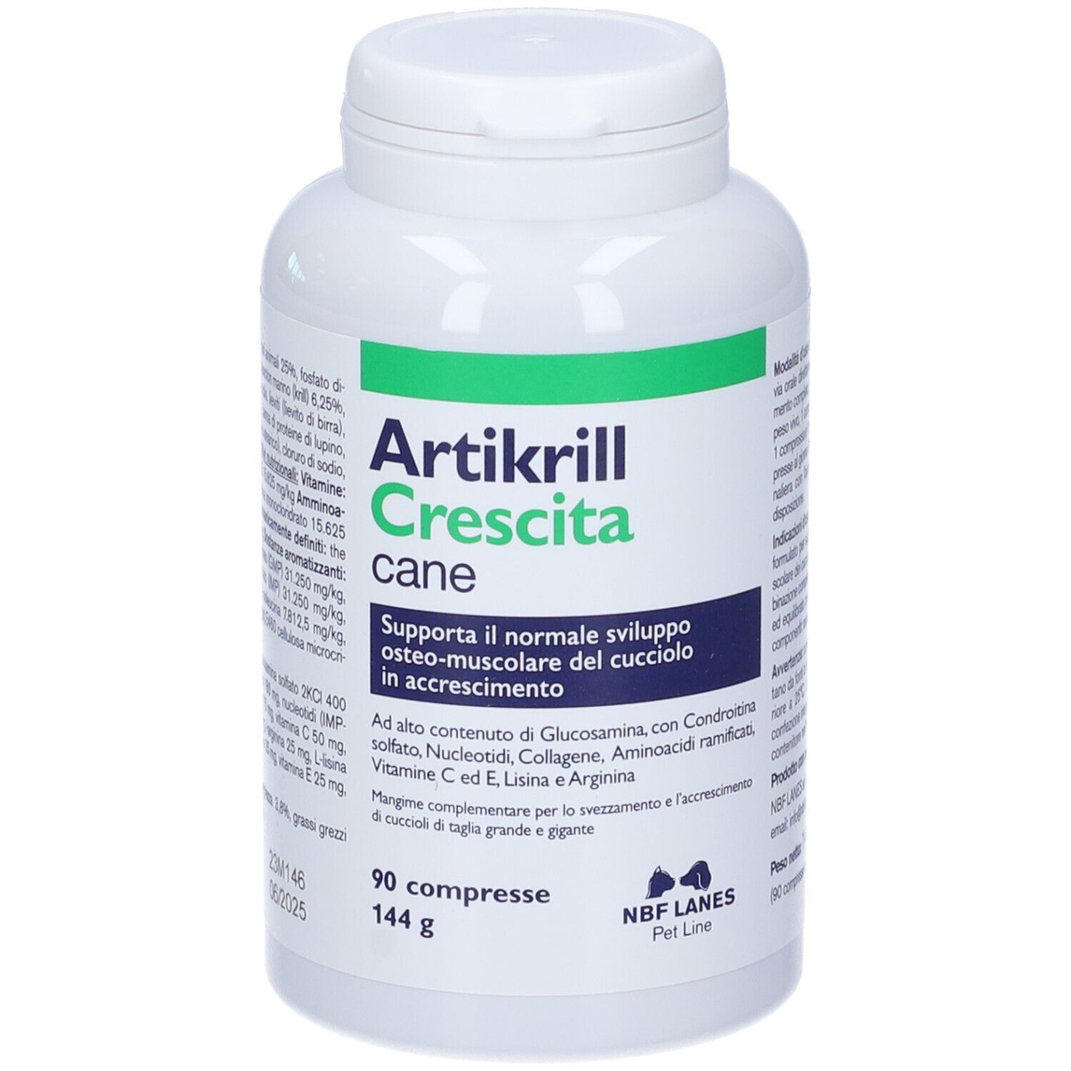 Flacone bianco con tappo verde. Scritto: Artikrill Crescita cane. Contiene 90 compresse. NBF Lanes.