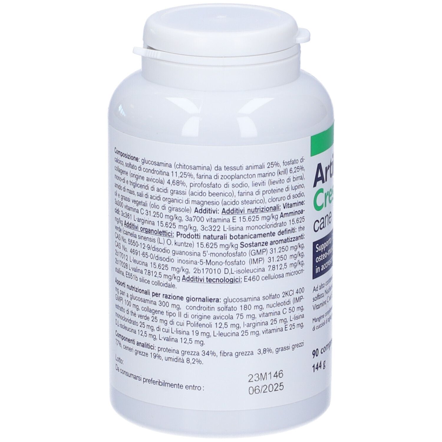 Flacone bianco con tappo verde. Scritto: Artikrill Crescita cane. Contiene 90 compresse. NBF Lanes.