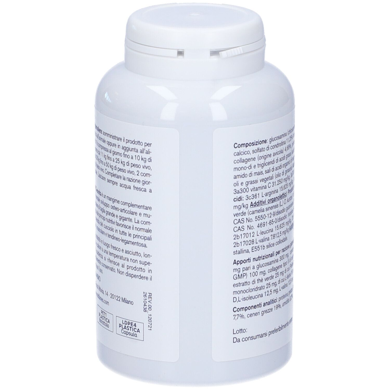 Flacone bianco con tappo verde. Scritto: Artikrill Crescita cane. Contiene 90 compresse. NBF Lanes.