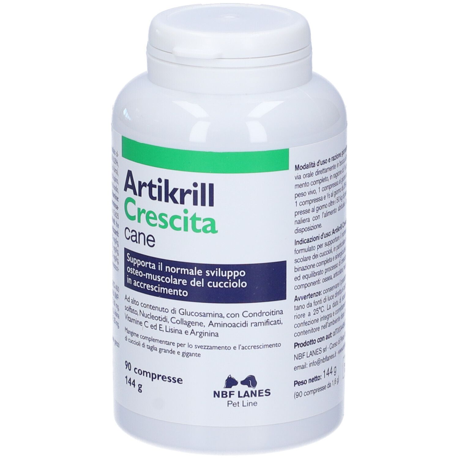 Flacone bianco con tappo verde. Scritto: Artikrill Crescita cane. Contiene 90 compresse. NBF Lanes.