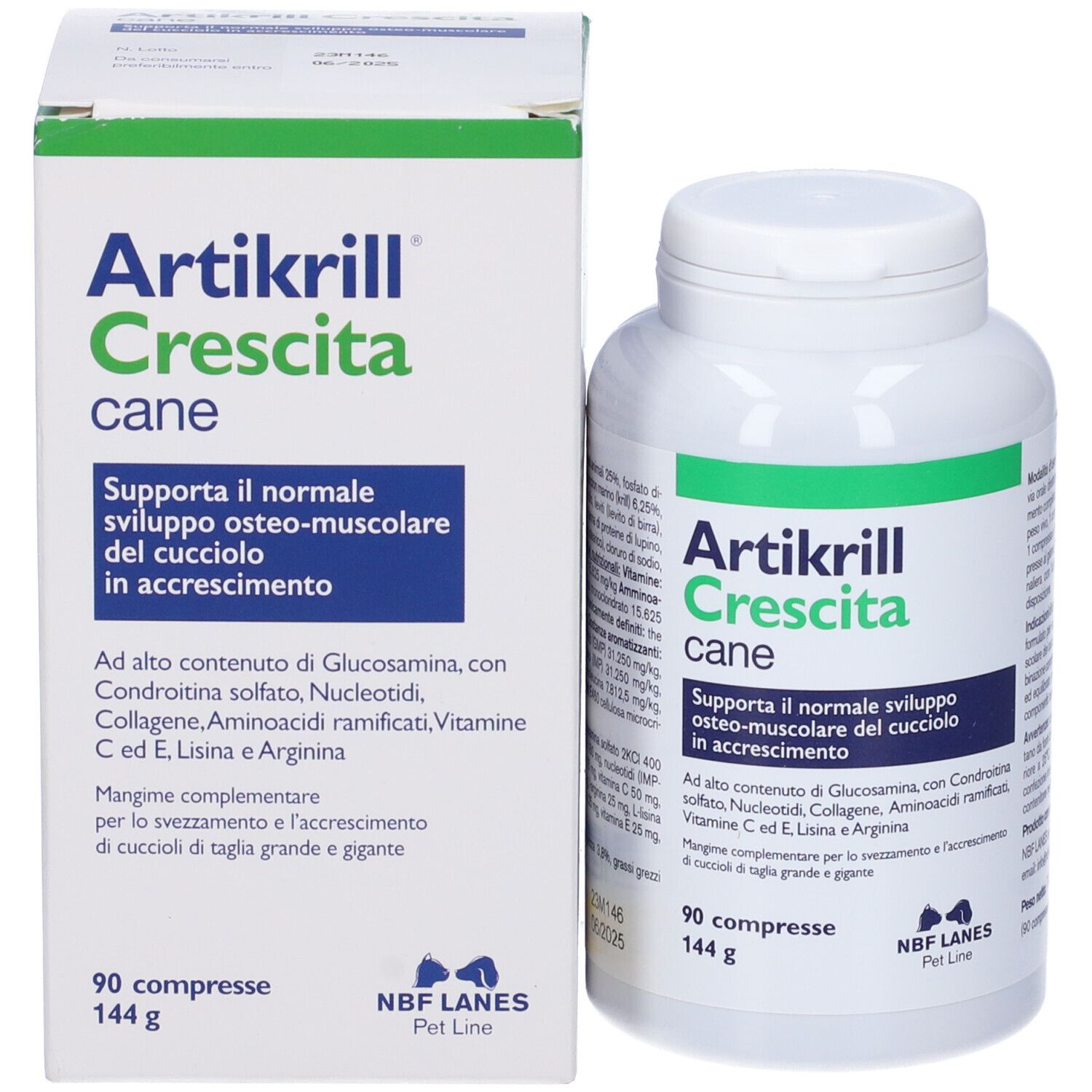 Confezione del prodotto: scatola e flacone. Scritto: Artikrill Crescita cane. Contiene 90 compresse. NBF Lanes.