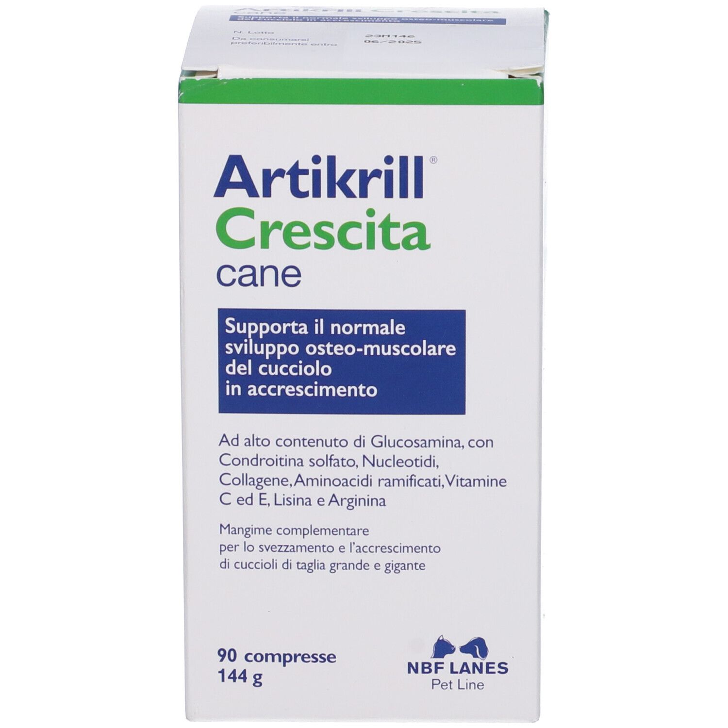 Scatola bianca con accento verde. Scritto: Artikrill Crescita cane. Contiene integratori per cani. NBF Lanes.