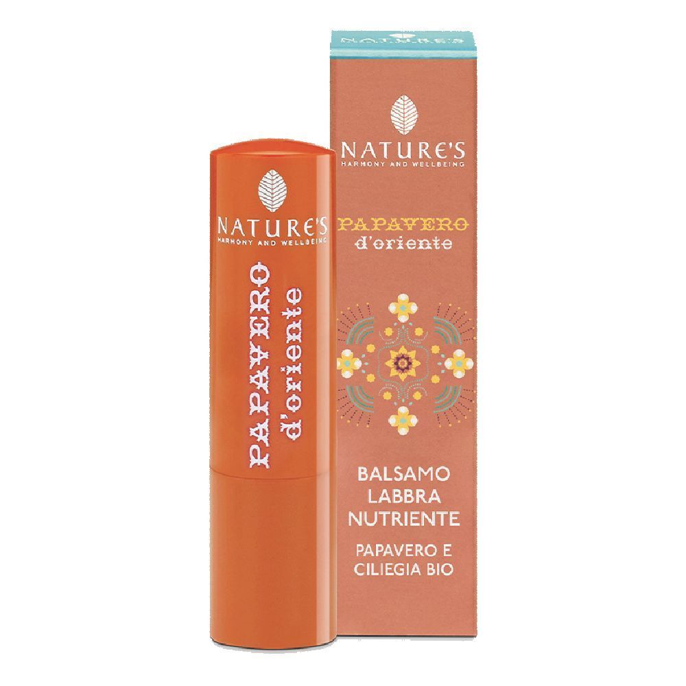 Balsamo labbra e confezione. Rossetto arancione con testo bianco. Sulla confezione c'è NATURE'S e PAPAVERO d'oriente.