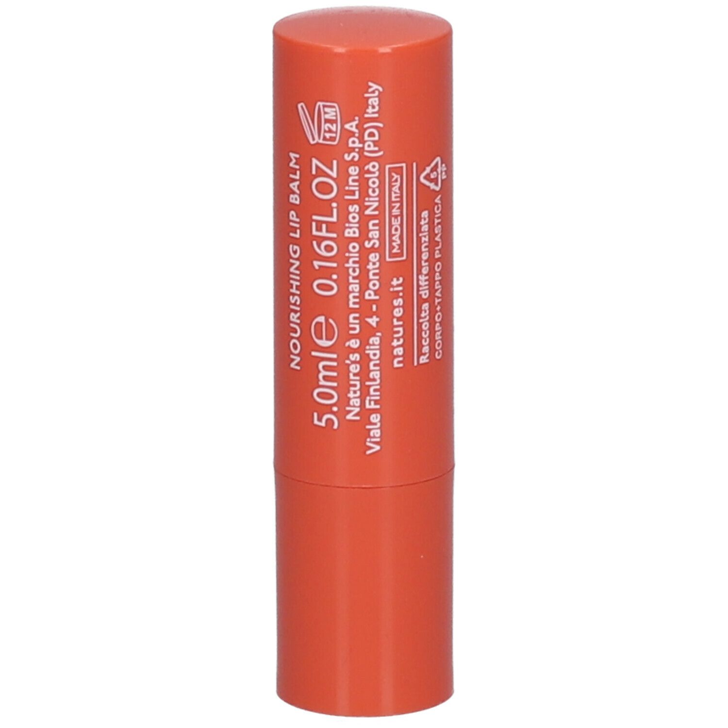 Balsamo labbra arancione. Forma cilindrica. Scritta: 5,0 ml 0,16 FL.OZ. Marchio: NATURE'S.
