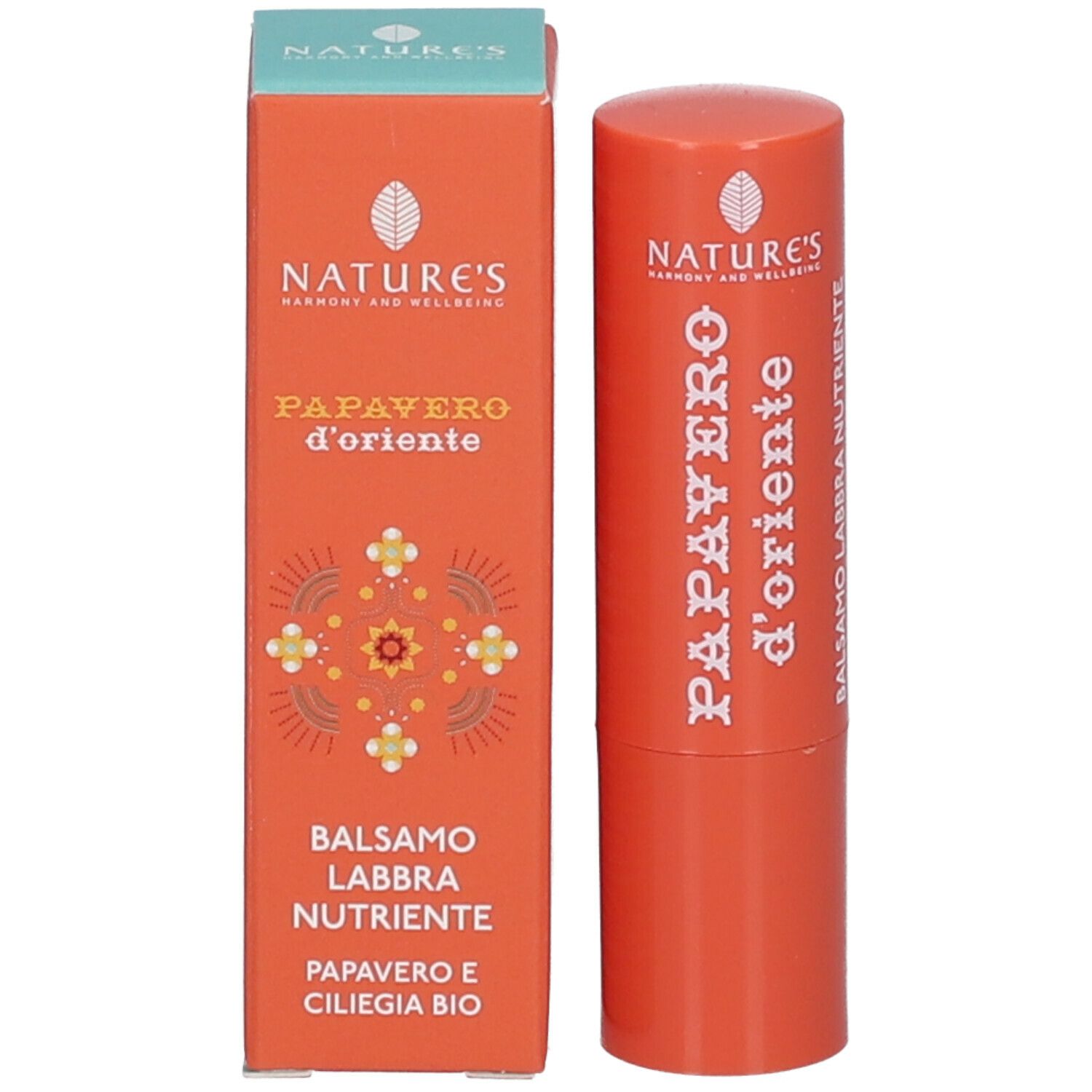Balsamo labbra e confezione. Rossetto arancione con testo bianco. Sulla confezione c'è NATURE'S e PAPAVERO d'oriente.