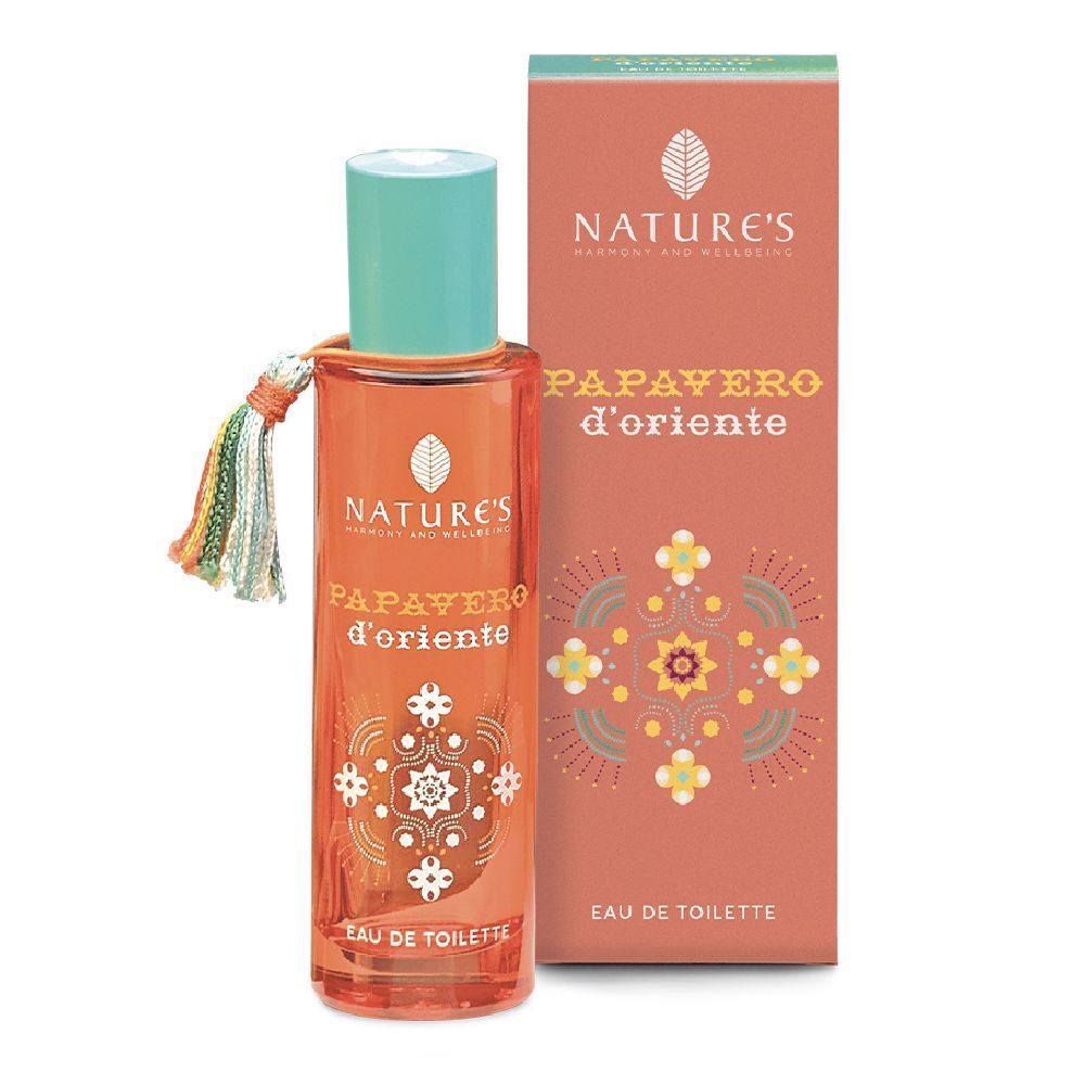 Flacone arancione con tappo turchese e nappa. Scritta: NATURE'S Papavero d'Oriente Eau de Toilette. Con confezione.
