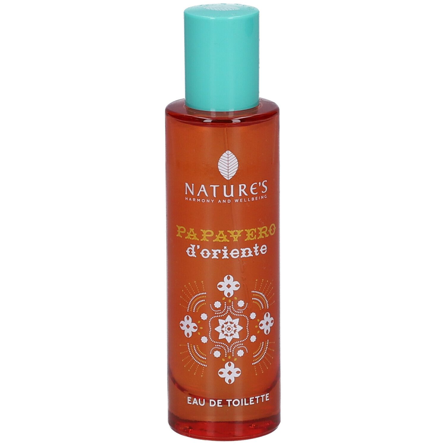 Flacone arancione con tappo turchese. Scritta: NATURE'S Papavero d'Oriente Eau de Toilette.