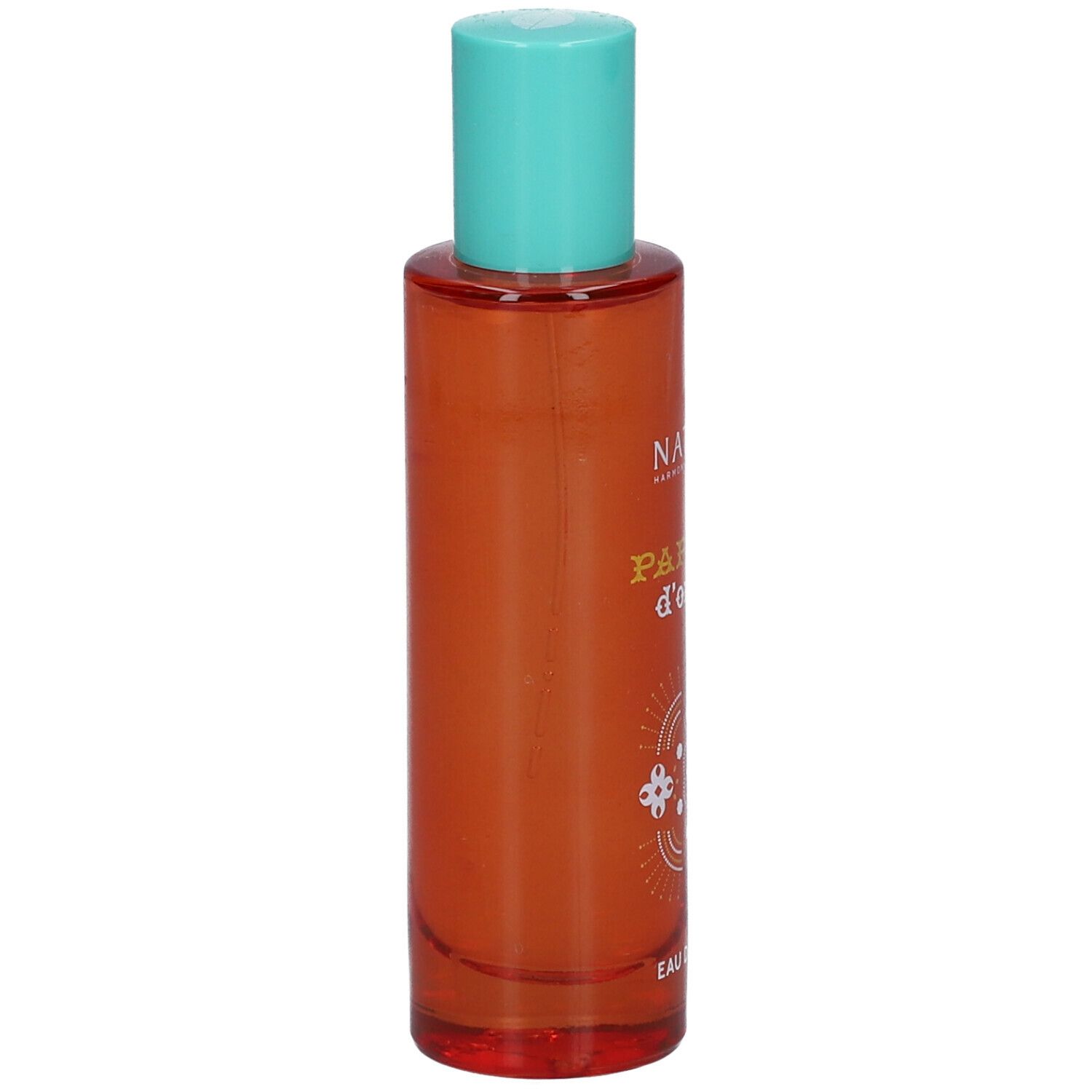 Flacone arancione con tappo turchese. Scritta: NATURE'S Papavero d'Oriente Eau de Toilette.