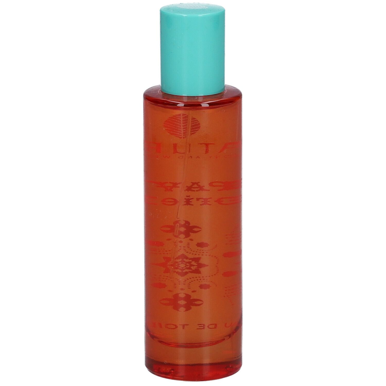 Flacone arancione con tappo turchese. Scritta: NATURE'S Papavero d'Oriente Eau de Toilette.