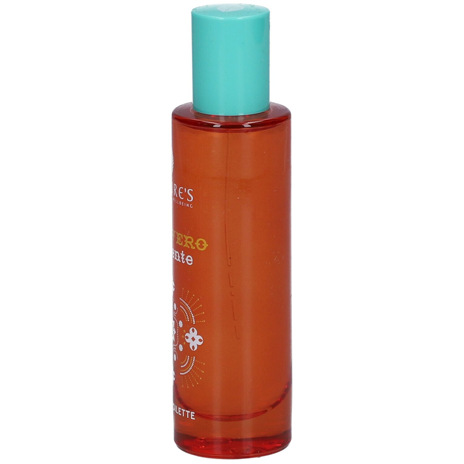 Flacone arancione con tappo turchese. Scritta: NATURE'S Papavero d'Oriente Eau de Toilette.