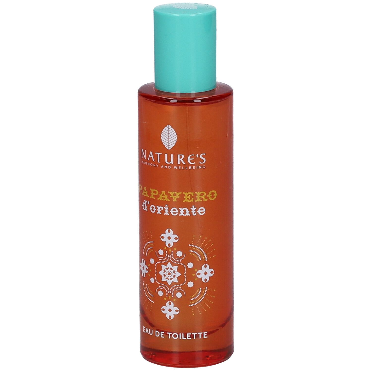 Flacone arancione con tappo turchese. Scritta: NATURE'S Papavero d'Oriente Eau de Toilette.