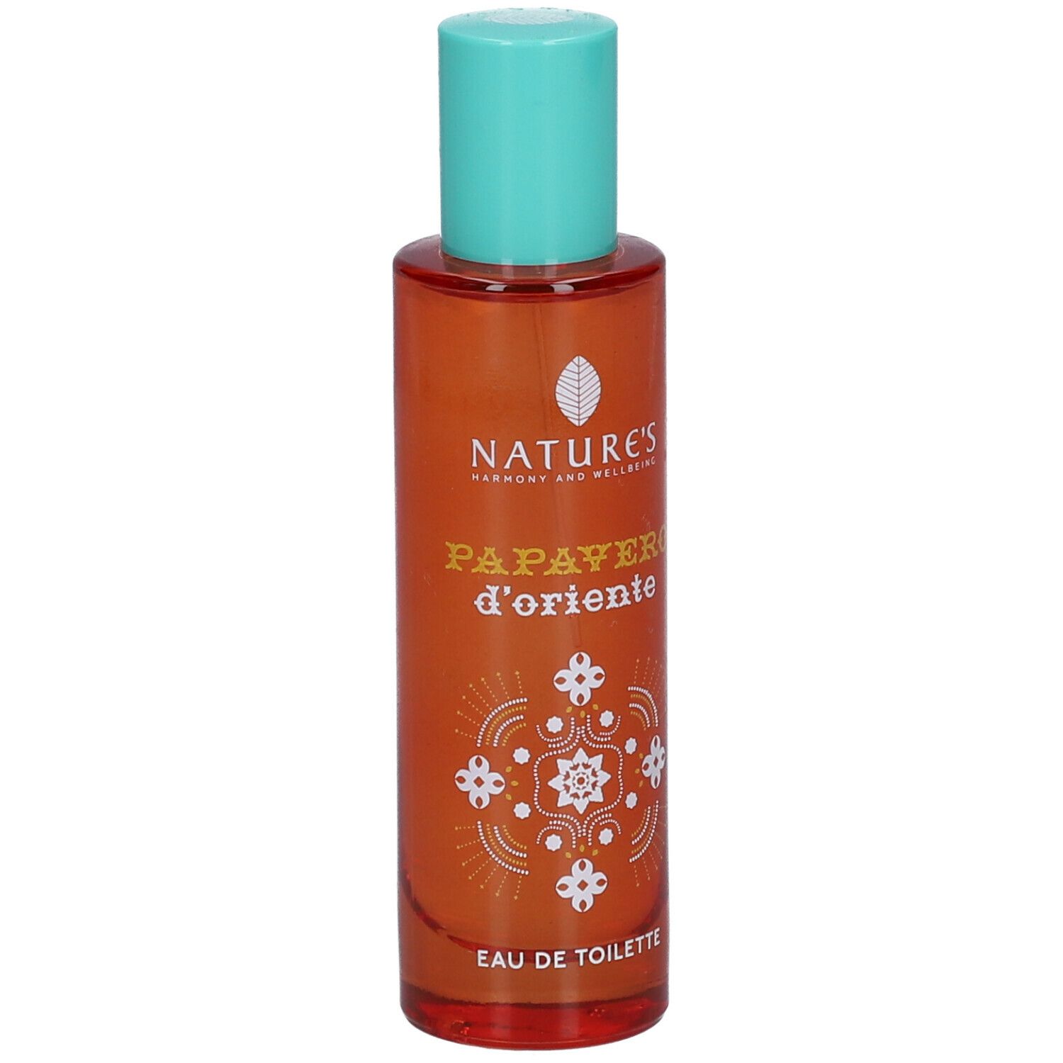 Flacone arancione con tappo turchese. Scritta: NATURE'S Papavero d'Oriente Eau de Toilette.