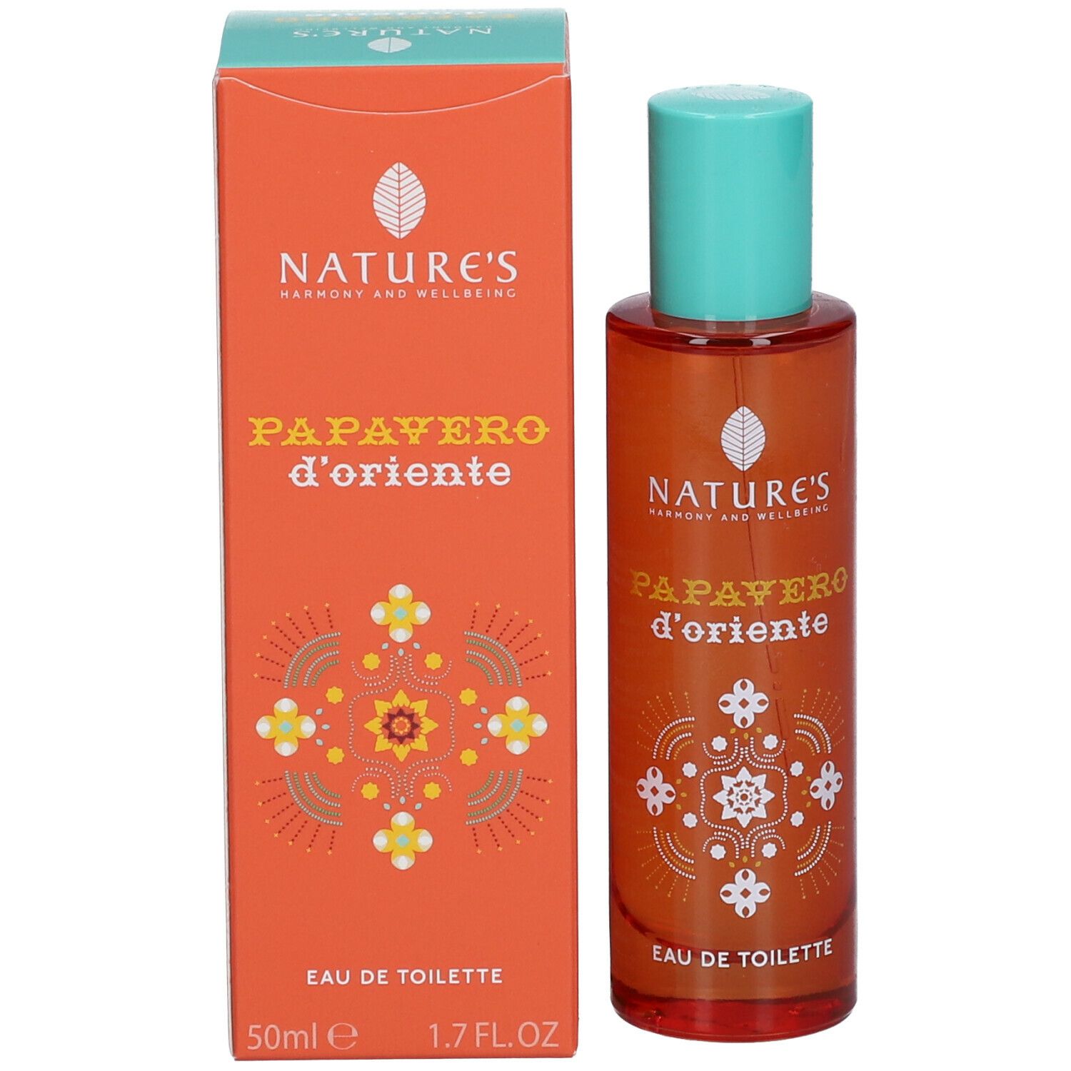 Flacone arancione con tappo turchese e confezione. Scritta: NATURE'S Papavero d'Oriente Eau de Toilette.