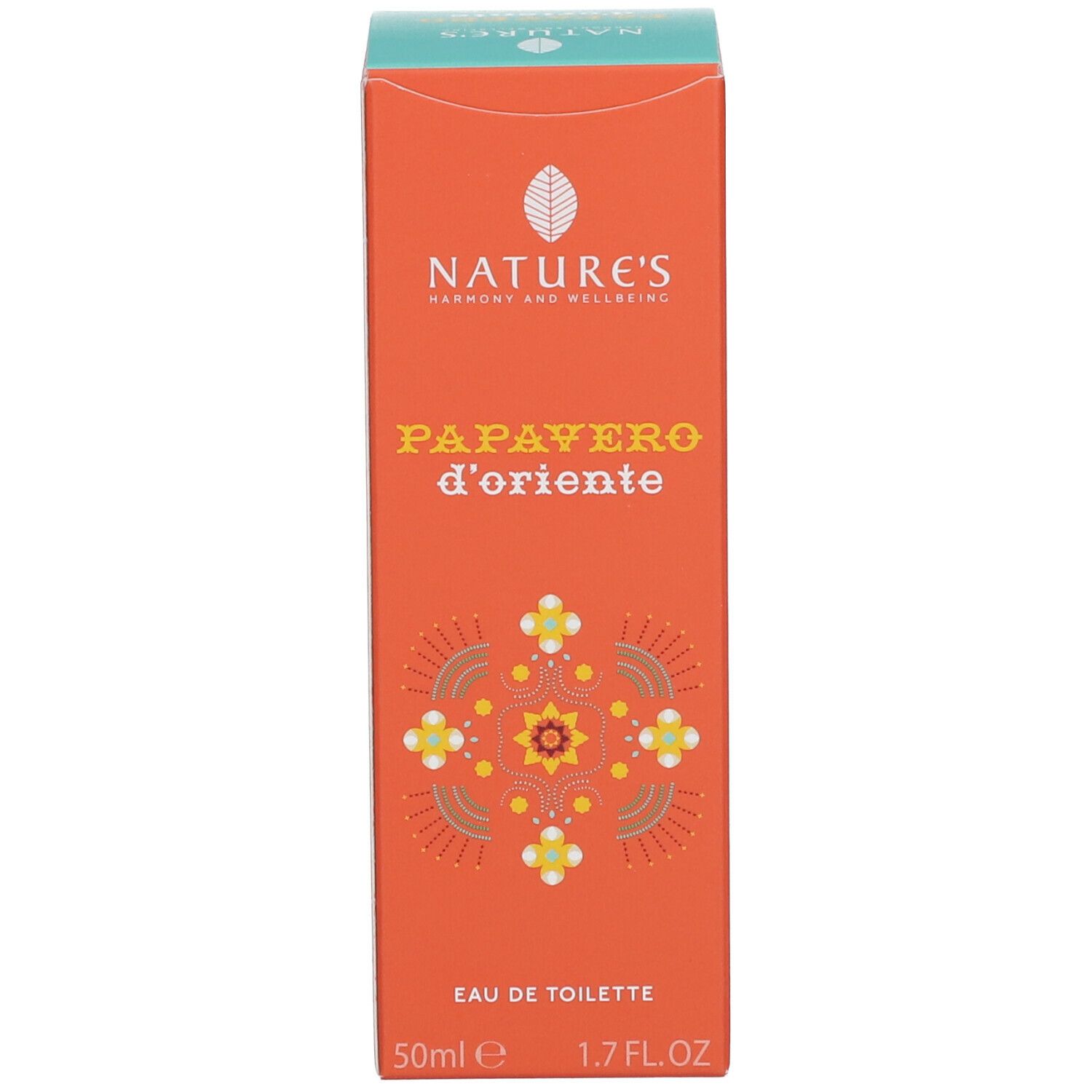 Confezione arancione con coperchio turchese. Scritta: NATURE'S Papavero d'Oriente Eau de Toilette.