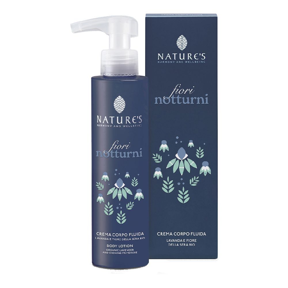 Flacone blu scuro con dispenser e scatola. Scritta: NATURE'S, fiori notturni, Crema Corpo Fluida.