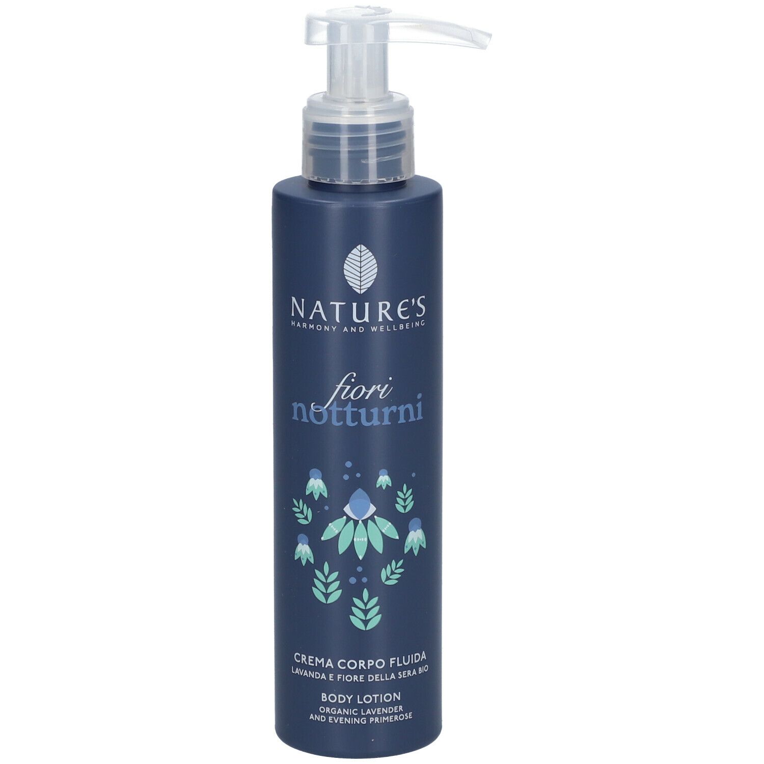Flacone blu scuro con dispenser. Scritta: NATURE'S, fiori notturni, Crema Corpo Fluida.