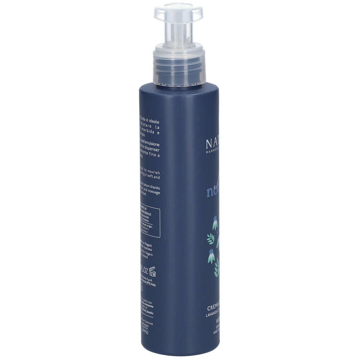 Flacone blu scuro con dispenser. Scritta: NATURE'S, fiori notturni, Crema Corpo Fluida. Testo sul retro.