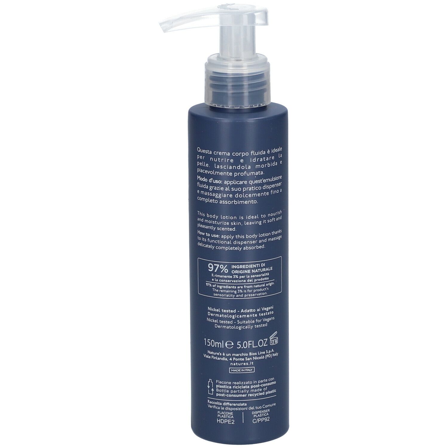 Flacone blu scuro con dispenser. Scritta: NATURE'S, fiori notturni, Crema Corpo Fluida. Testo sul retro.