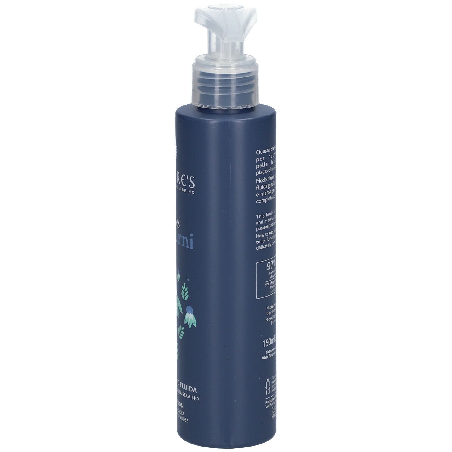 Flacone blu scuro con dispenser. Scritta: NATURE'S, fiori notturni, Crema Corpo Fluida. Testo sul retro.