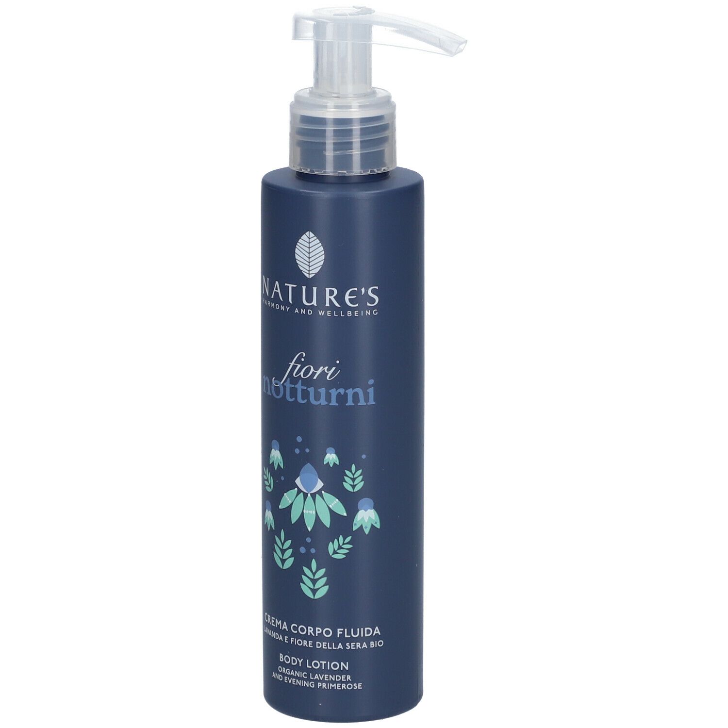 Flacone blu scuro con dispenser. Scritta: NATURE'S, fiori notturni, Crema Corpo Fluida.