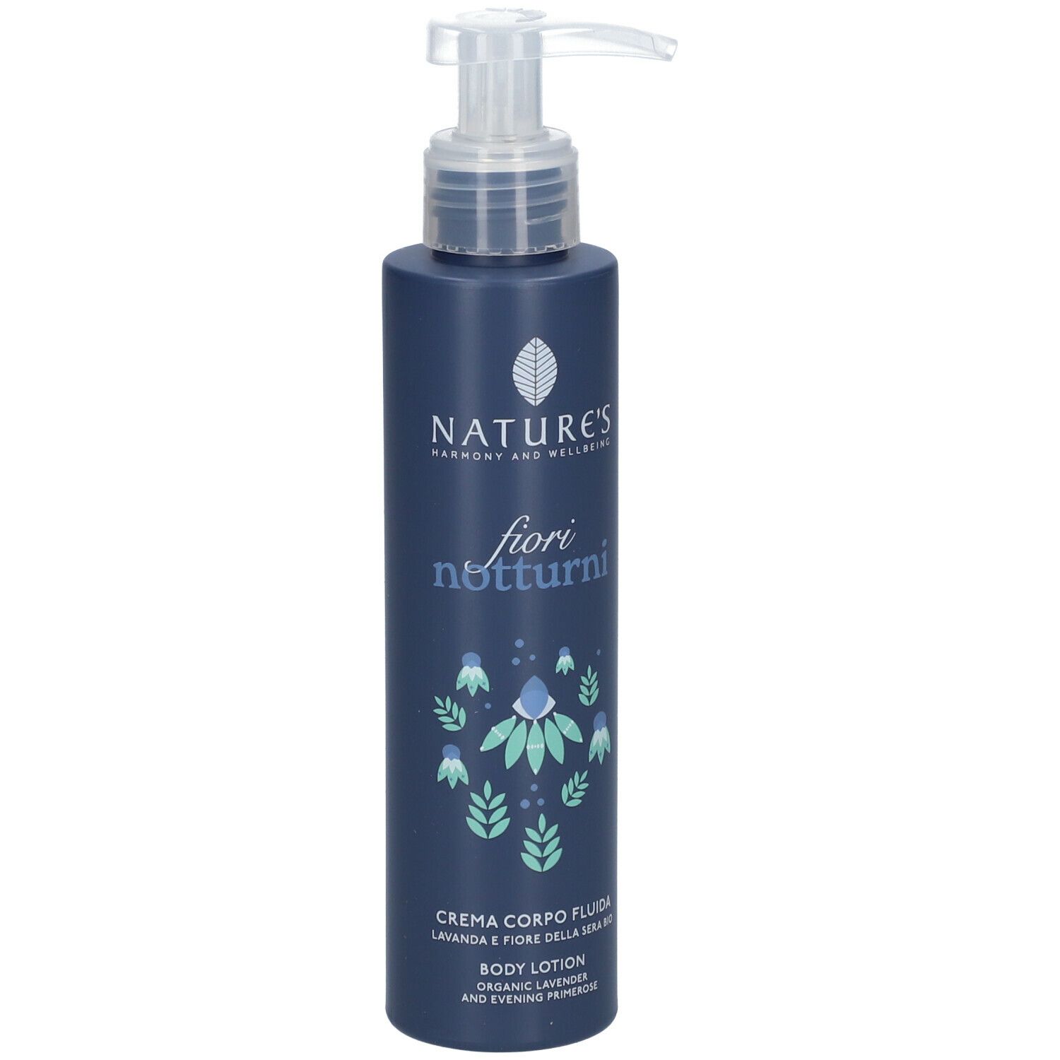 Flacone blu scuro con dispenser. Scritta: NATURE'S, fiori notturni, Crema Corpo Fluida.