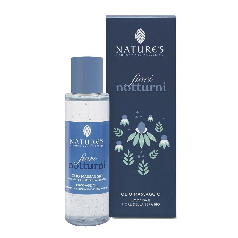 Flacone con tappo blu e scatola. Scritta: fiori notturni. Olio massaggio. Lavanda e fiore della sera bio.