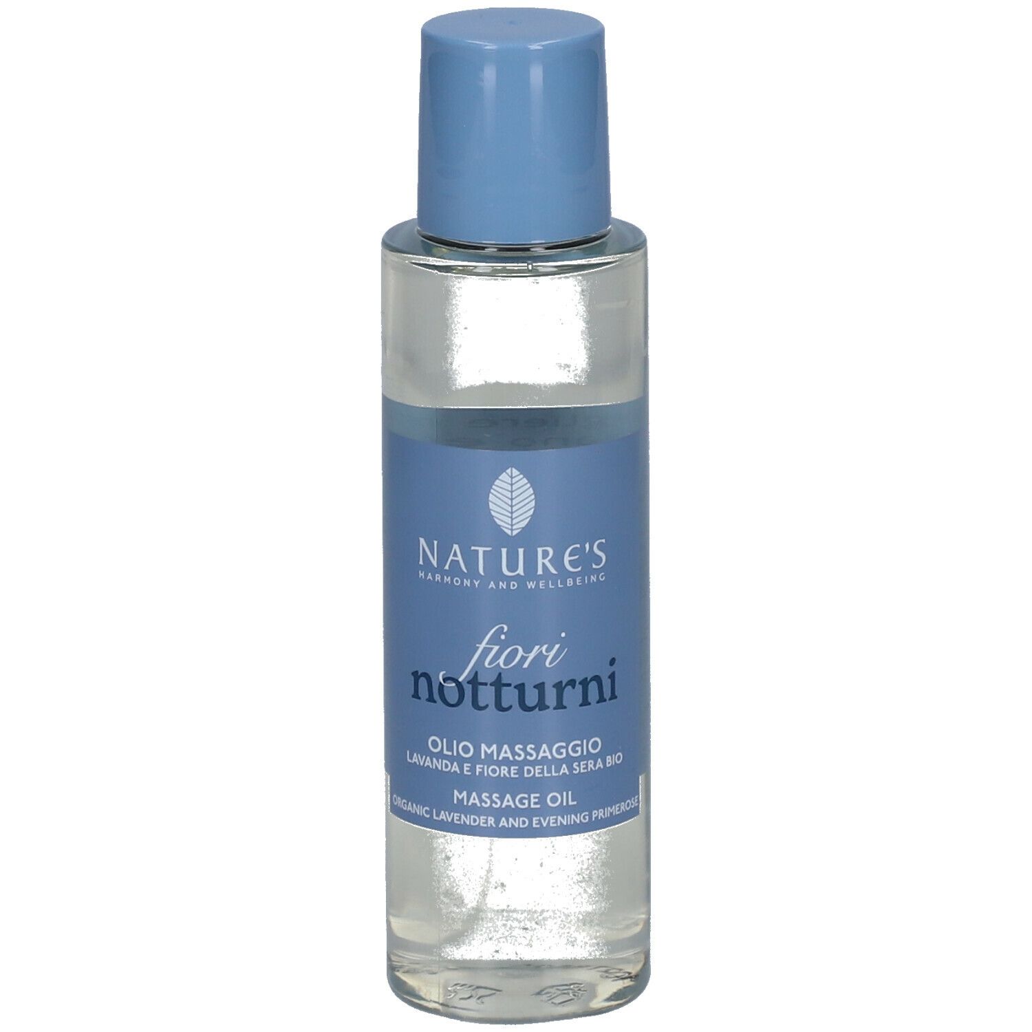 Flacone trasparente con tappo blu. Scritta: fiori notturni. Olio massaggio. Lavanda e fiore della sera bio.