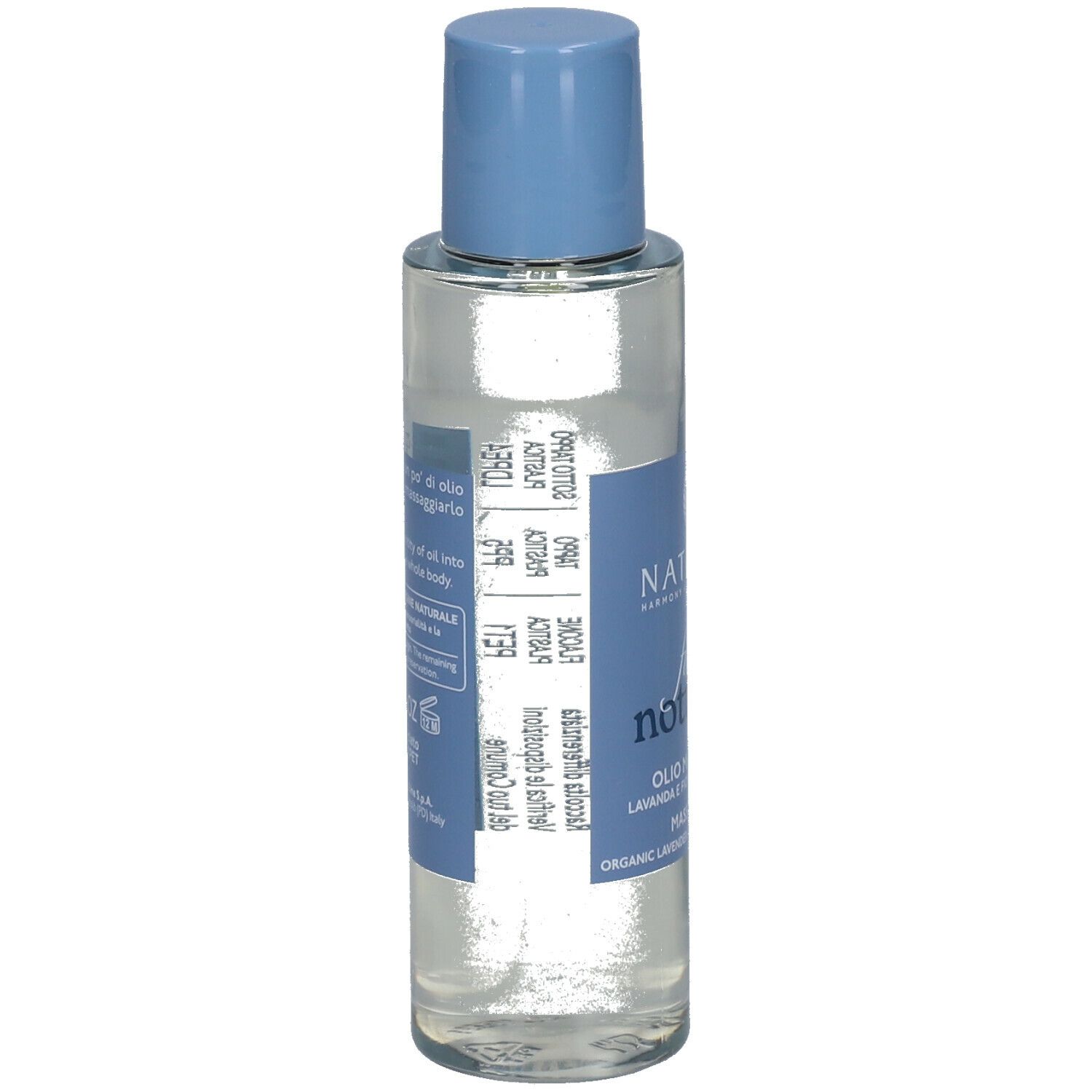 Flacone trasparente con tappo blu. Scritta: fiori notturni. Olio massaggio. Lavanda e fiore della sera bio.