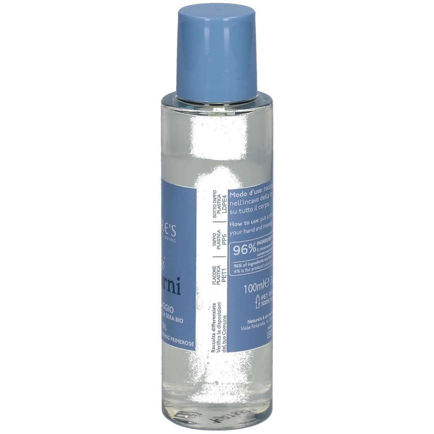 Flacone trasparente con tappo blu. Scritta: fiori notturni. Olio massaggio. Lavanda e fiore della sera bio.