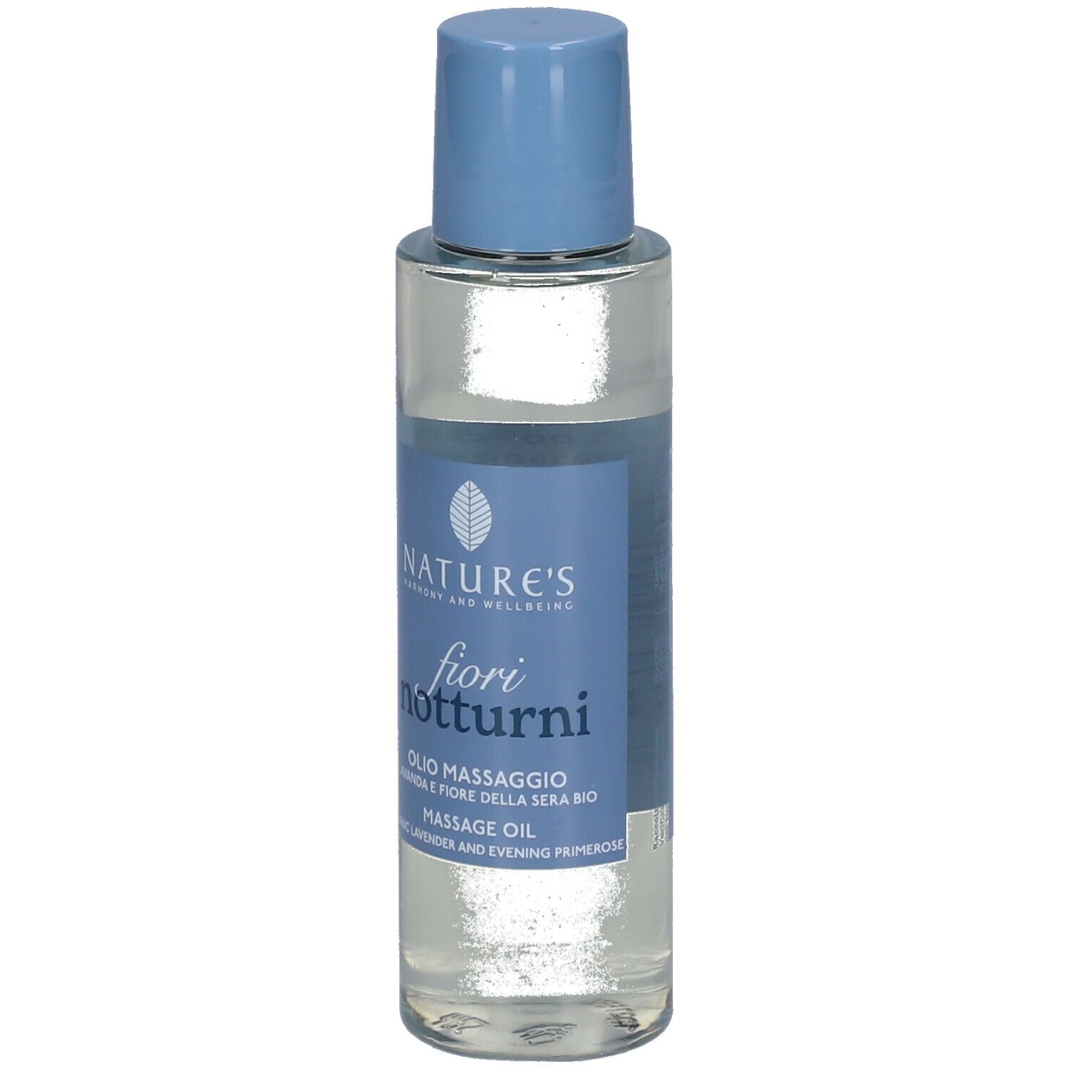 Flacone trasparente con tappo blu. Scritta: fiori notturni. Olio massaggio. Lavanda e fiore della sera bio.