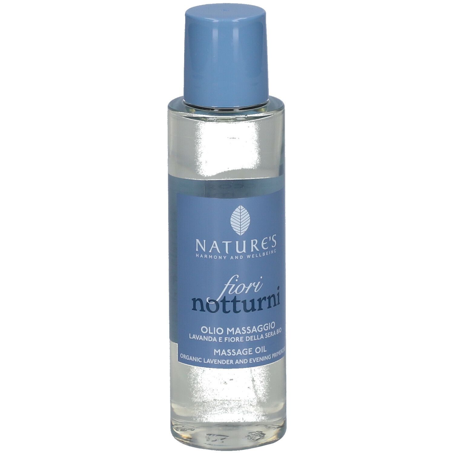 Flacone trasparente con tappo blu. Scritta: fiori notturni. Olio massaggio. Lavanda e fiore della sera bio.