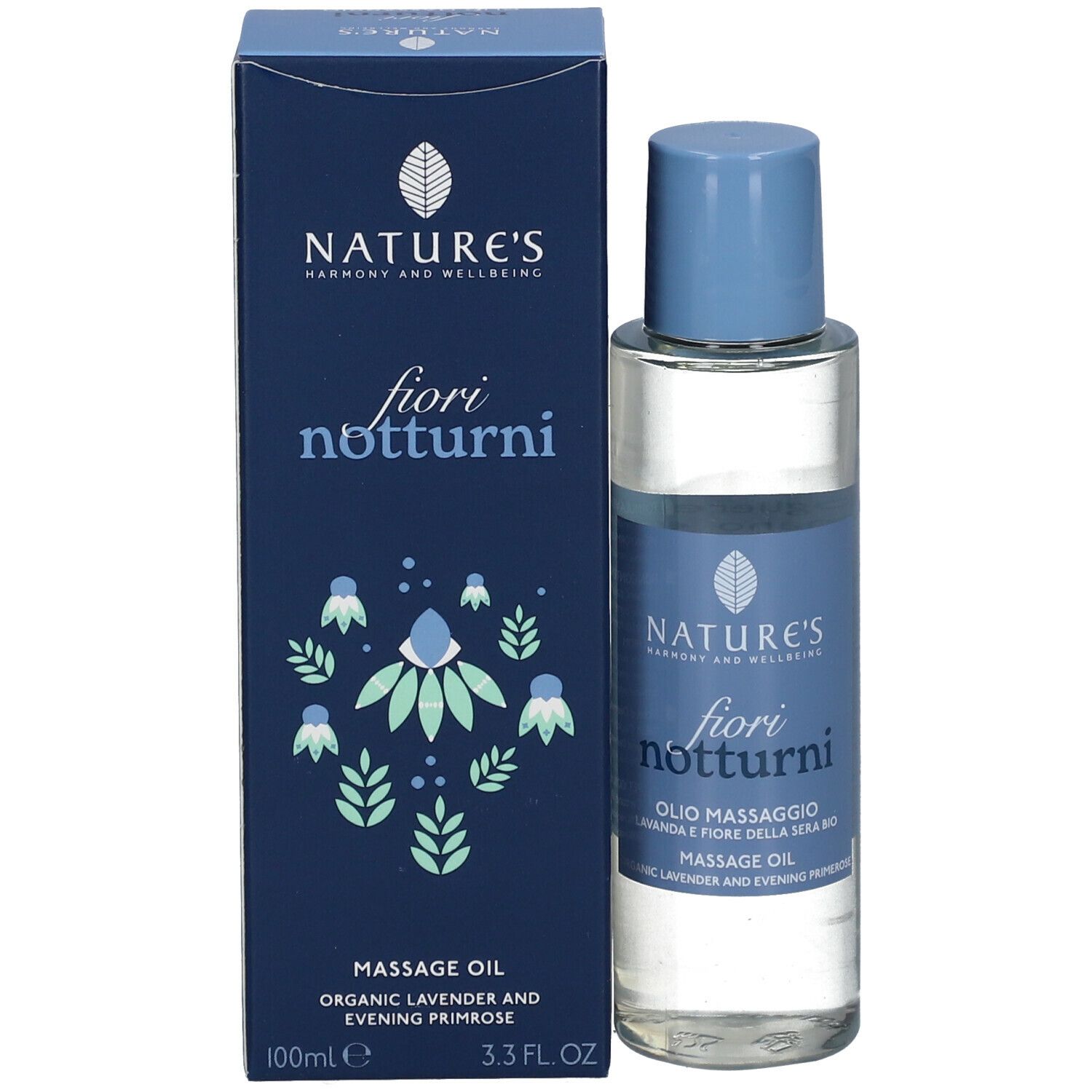 Flacone con tappo blu e scatola. Scritta: fiori notturni. Olio massaggio. Lavanda e fiore della sera bio.