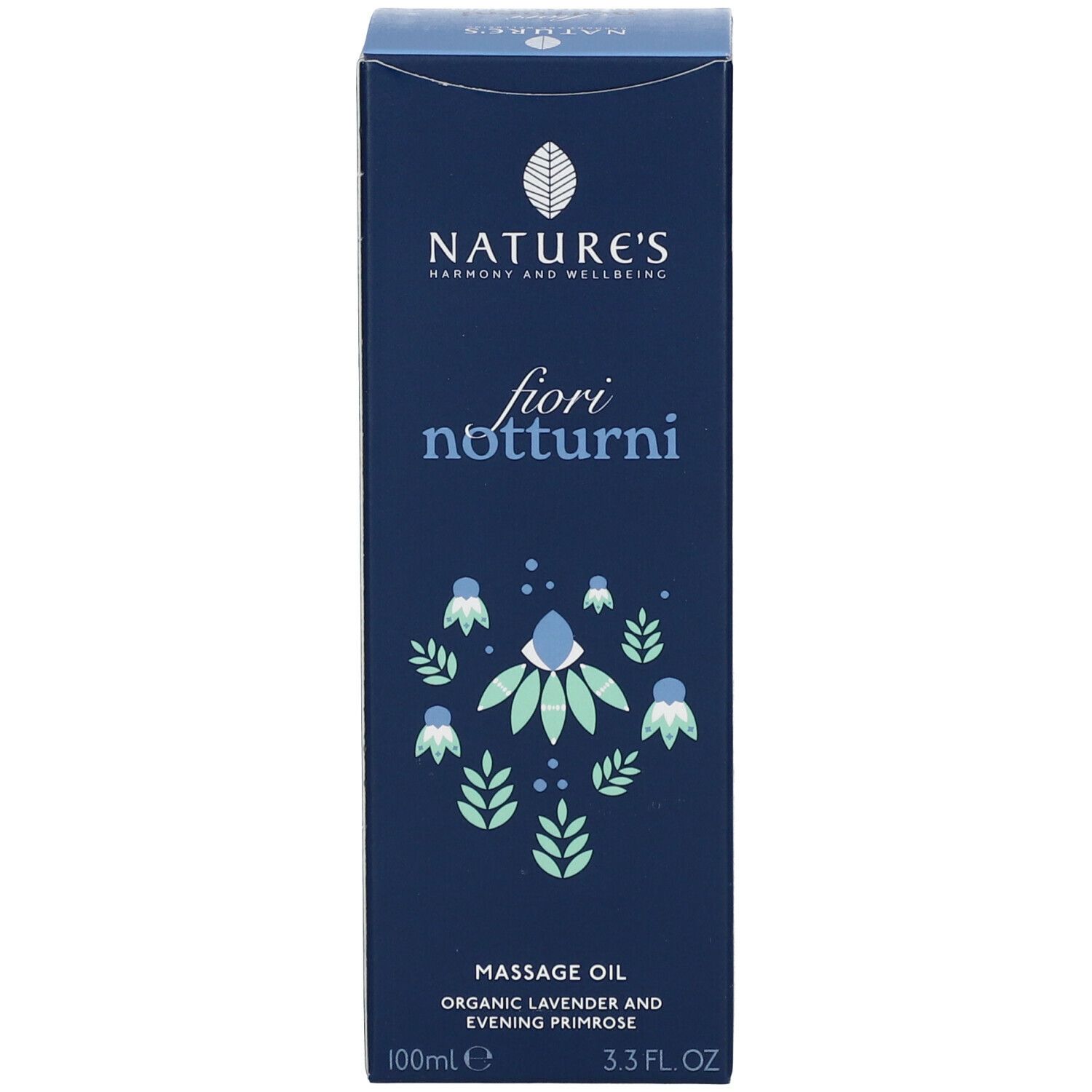Scatola con scritta: fiori notturni. Olio massaggio. Lavanda e fiore della sera bio. 100ml.