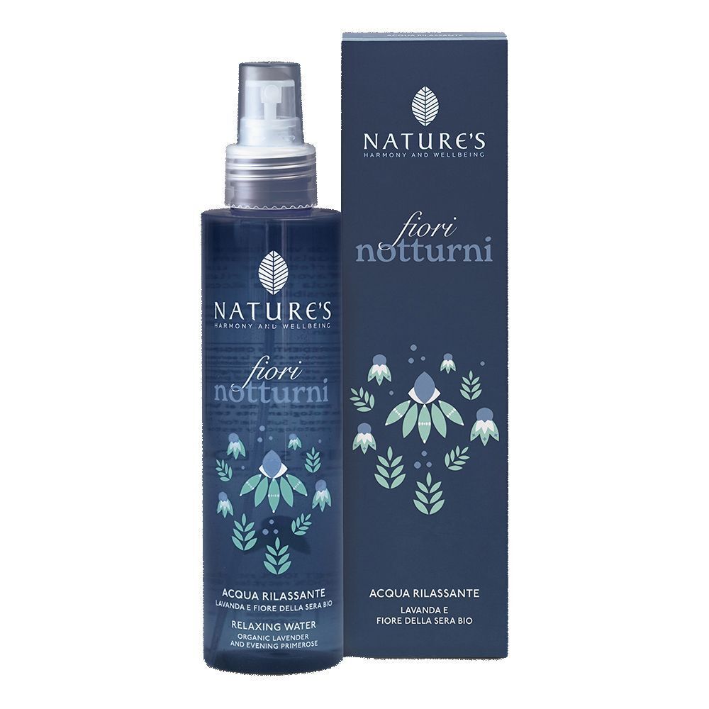 Flacone blu trasparente con vaporizzatore e scatola. Scritta: NATURE'S fiori notturni, Acqua Rilassante.