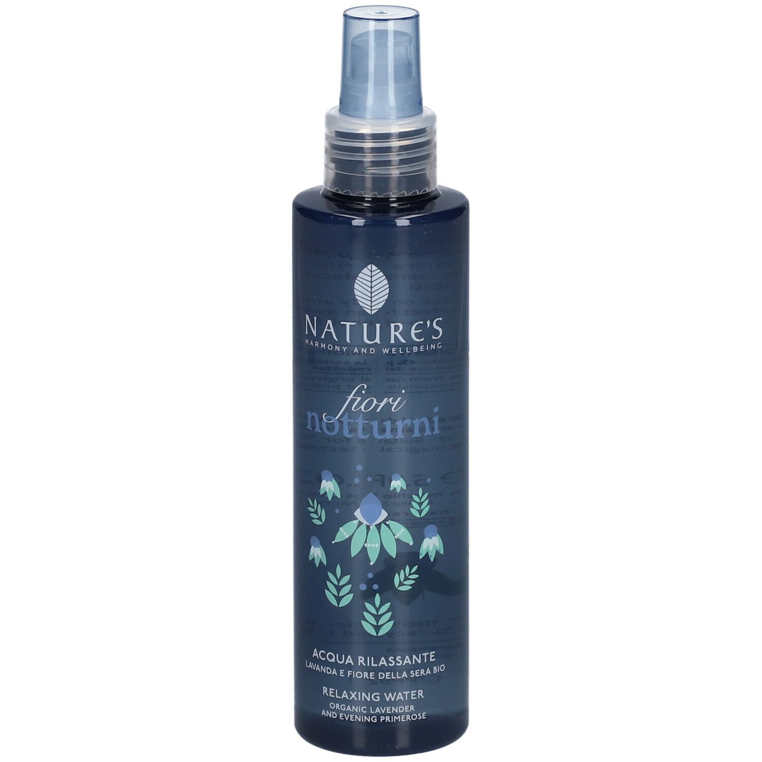 Flacone blu trasparente con vaporizzatore. Scritta: NATURE'S fiori notturni, Acqua Rilassante. Decorazione floreale.