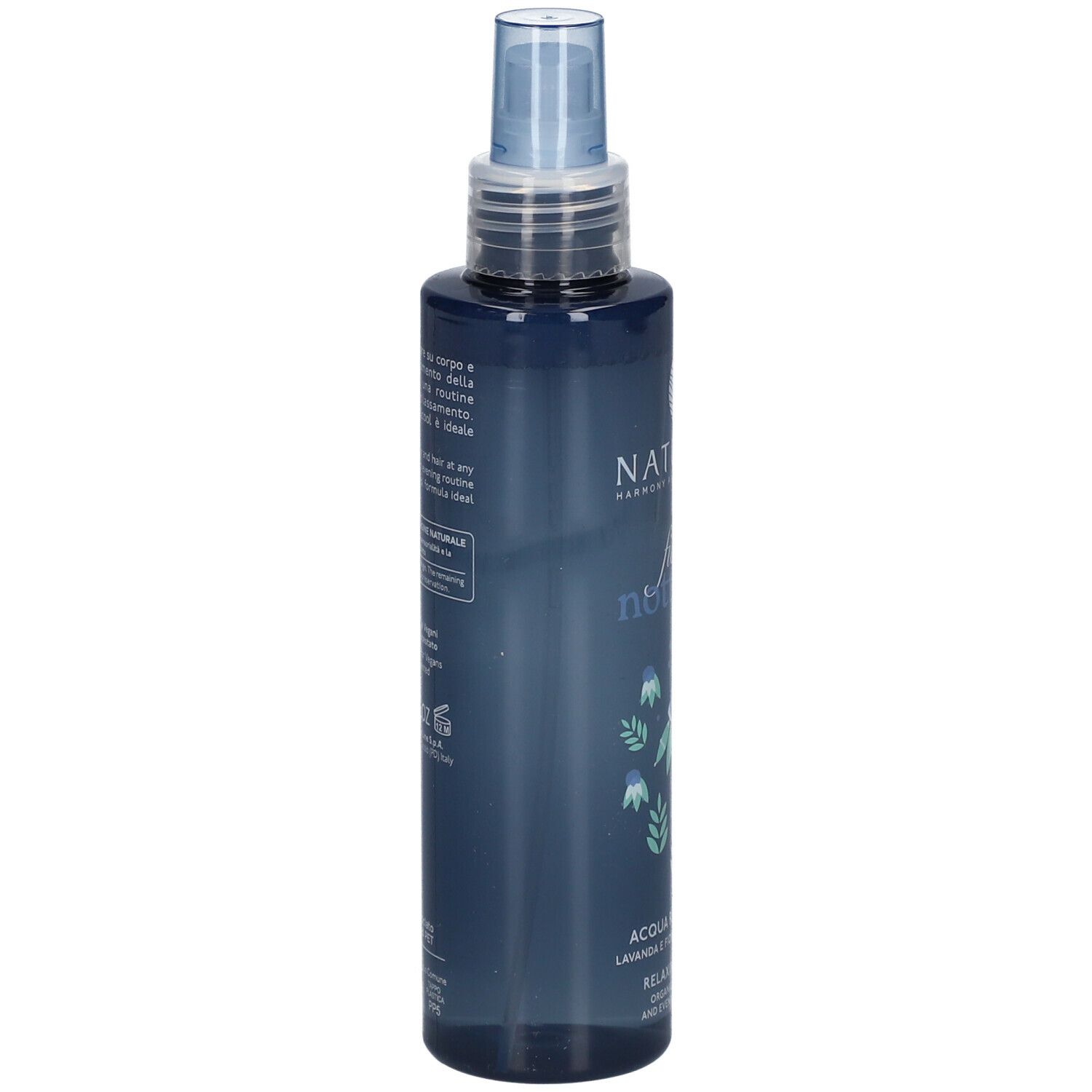 Flacone blu trasparente con vaporizzatore. Scritta: NATURE'S fiori notturni, Acqua Rilassante. Testo sul retro.