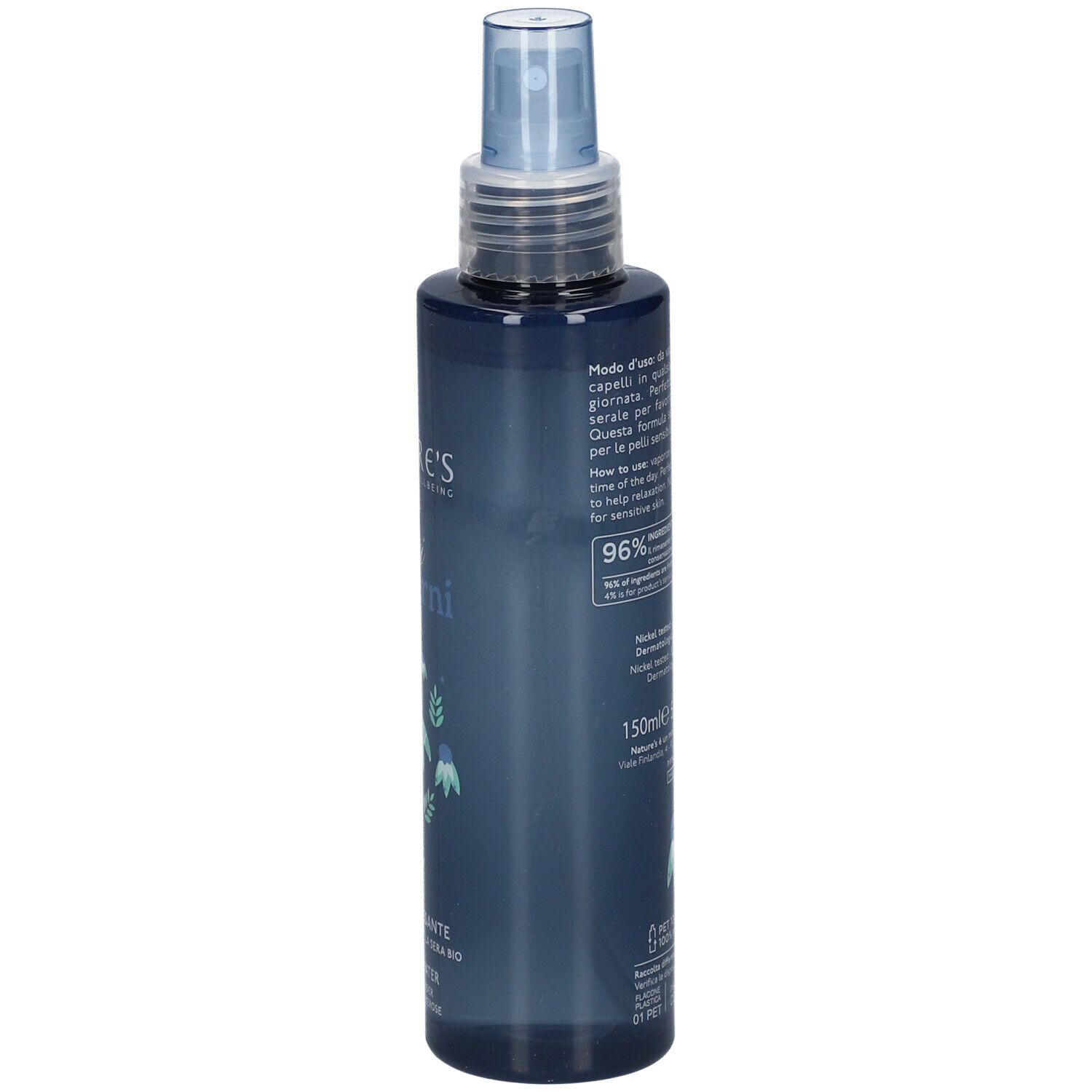 Flacone blu trasparente con vaporizzatore. Scritta: NATURE'S fiori notturni, Acqua Rilassante. Testo sul retro.