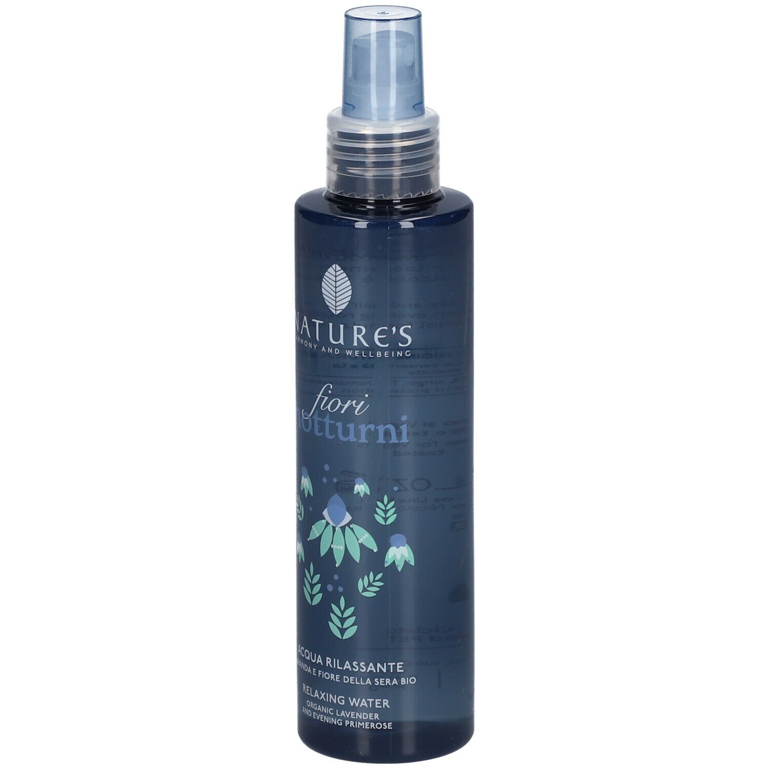 Flacone blu trasparente con vaporizzatore. Scritta: NATURE'S fiori notturni, Acqua Rilassante. Testo sul retro.