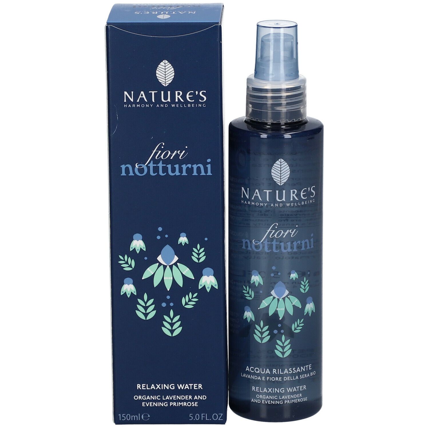 Flacone blu trasparente con vaporizzatore e scatola. Scritta: NATURE'S fiori notturni, Acqua Rilassante.