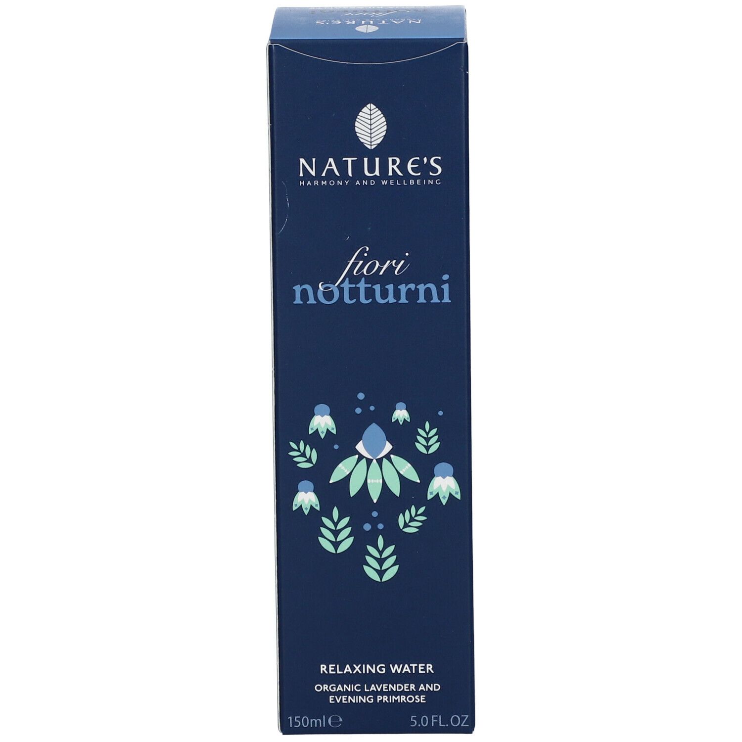 Scatola. Scritta: NATURE'S fiori notturni, Acqua Rilassante. Decorazione floreale. 150ml.